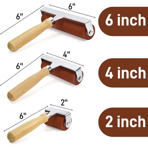 Wood Handle Printmaking Brayer Tool, 3 Sizes Rubber Roller(6, 4, 2 Inch), Soft Design for Stamping, Wallpapers, Tape