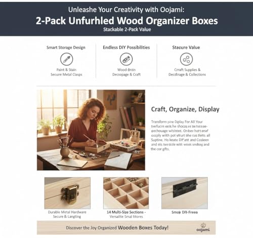 2 Pack Unfinished Wooden Jewelry Organizer Box with Glass Lid – 14 Compartment Bead & Craft Storage Case – DIY Paintable Wood Display Box for Jewelry, Gems, Supplies