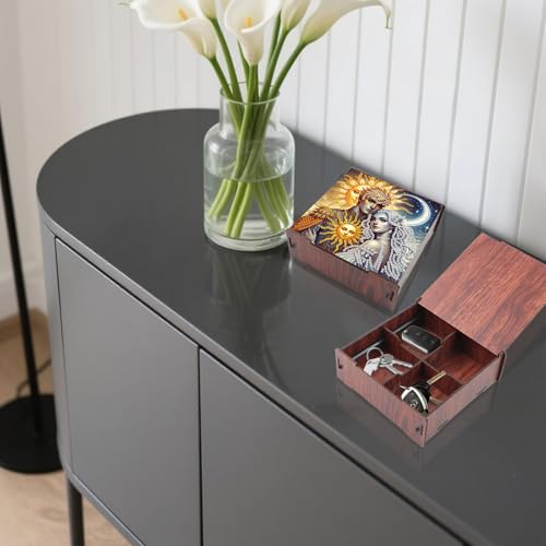 DIY Diamond Art Storage Box, Sun & Moon Deity Design Wooden Diamond Painting Case with Flip-Top Lid and 4 Divided Compartments, Desktop Craft, Jewelry and Accessories Supplies Storage Container - color: Sun & Moon