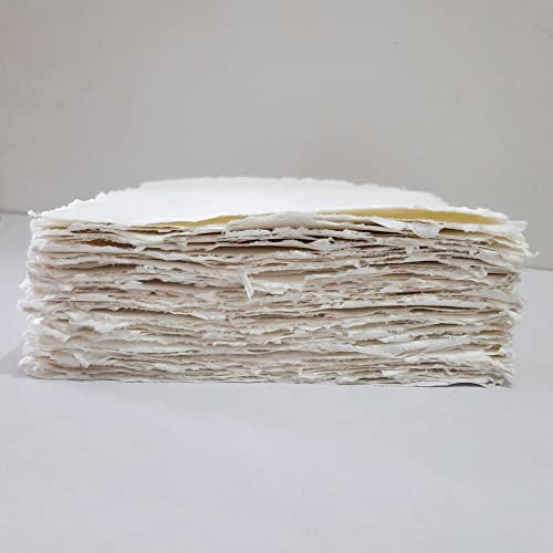 Handmade Off-White Deckle Edge Blank Paper - Mixed Media, Calligraphy, Watercolor, Postcards, Invitations, Crafts, and Announcements - A5, Thick 150 GSM, Pack of 100 Sheets (8" x 6" Off-White) - size: 8" x 6" Off-White