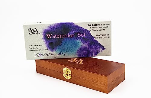Professional Watercolor Paint Set - 24 Half Pan Highly Pigmented Transparent Water Color Paints with #4 Synthetic Water color Brush, Mixing Palette & Wooden Box Gift Watercolor Kit