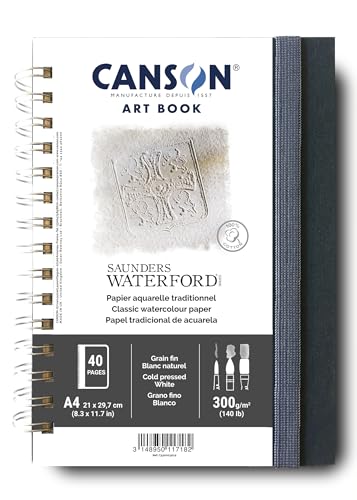 CANSON Professional Art Book, Fine Grain Watercolour Saunders Waterford Paper, 300gsm, A4 Spiral Notebook, 20 White Sheets, for Professional Artists & Students - style: A4 PT