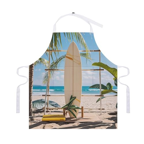 Bib Aprons Waterproof Chef Apron Fashion Painting Artist Apron | Surfboard on Wooden Apron for Men Women Adjustable Cooking Apron Funny Kitchen Aprons Polyester Art Aprons