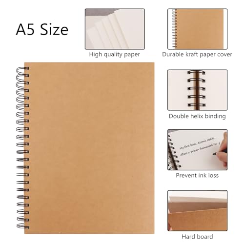 BGJRBY 8.6 inch x11.4 Inch Spiral Sketch Book Large Notebook(Built-in drawing board) Kraft Cover Blank Sketch Pad Wirebound Sketching for Drawing Painting (2 Pack) 200 Pages, 100 Sheets