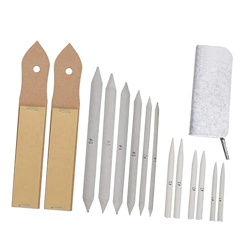 TEHAUX 15pcs Art Drawing Stump and Tortillions Set with Sandpaper Pencil Sharpener for Blending Shading and Detailing Sketches Light Grey Bag