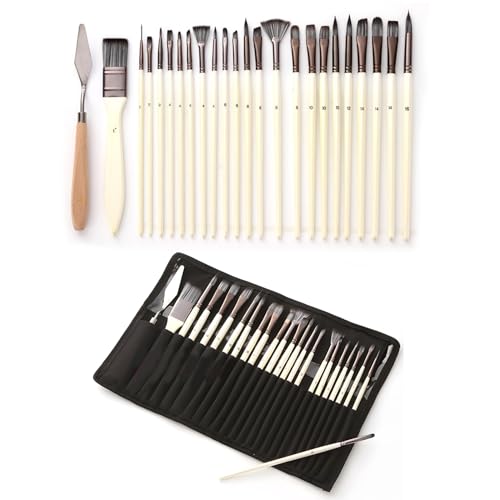 24pcs Paint Brush Set, Expert Series, 23 Different Shapes + Mixing Knife with Cloth Roll Case, Enhanced Synthetic Painting Brushes Set for Acrylic, Watercolor, Oil, Gouache (Cream) - color: Cream