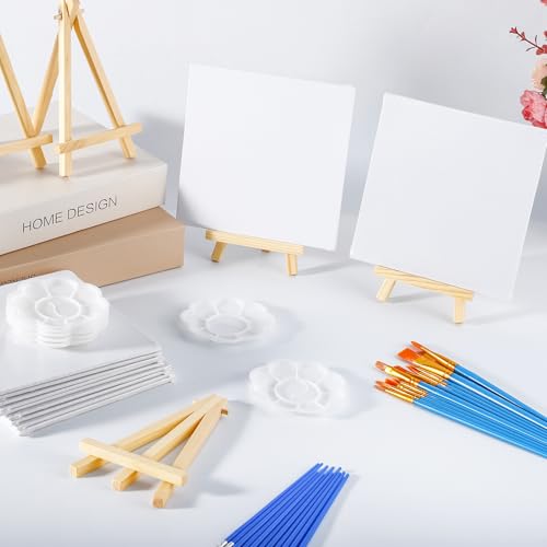 20 Pack Mini Canvas and Easel Set, 5.9 X 5.9 inch Canvas for Drawing, Mini Painting Canvases with 50 Brushes & 20 Paint Trays, Art Painting Kits for Birthday Party Favors
