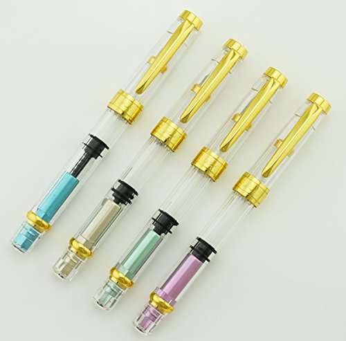 Lanxivi 4 PCS Yongsheng 3008 Piston Fountain Pen Fine Nib Transparent Diversity Color Gold Trim Set - color: 3008 Gold Trim F
