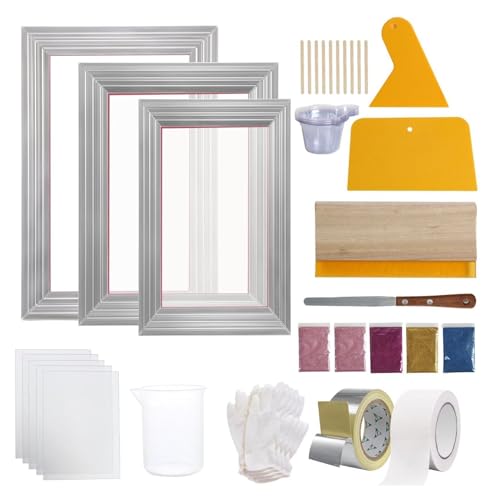 Screen Printing Kit, 3 Aluminum Frames, 5 Glitter Colors, Squeegee & Films for DIY T-Shirts - 6x10, 8x12, 10x14 inch 110 Mesh