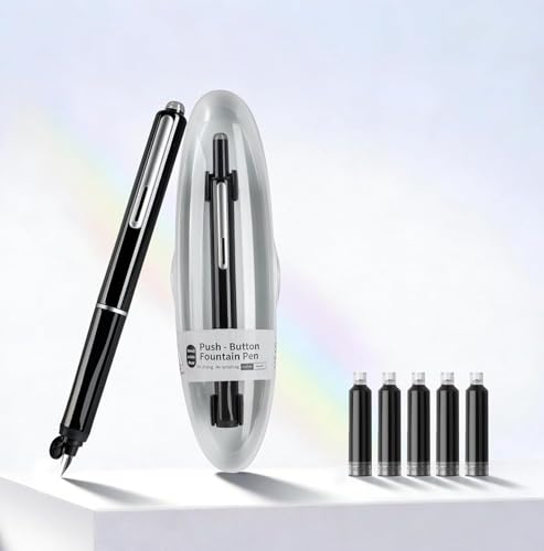 Retractable Fountain Pen Set, Click Fountain Pen Fine Nib, Capless Fountain Pen, Click-to-Write Pen with 5 Black Ink Cartridges, for Writing Journaling Sketching Drawing Calligraphy Black