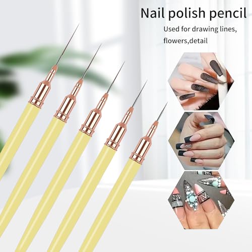 5PCS Liner Brushes for Nails, Nail Art Liner Brushes Set, 6/9/12/15/18mm Thin Detail Brush for Long Lines & Fine Drawing, UV Gel Polish Painting Nail Design Tools- Yellow - color: Yellow