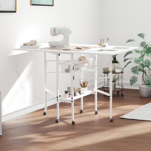 Sew Ready Folding Sewing Craft Table with Storage, Adjustable Height Cutting Desk with Drawers and Wheels for Quilting, Fabric, and Hobby Room, White - color: White / White