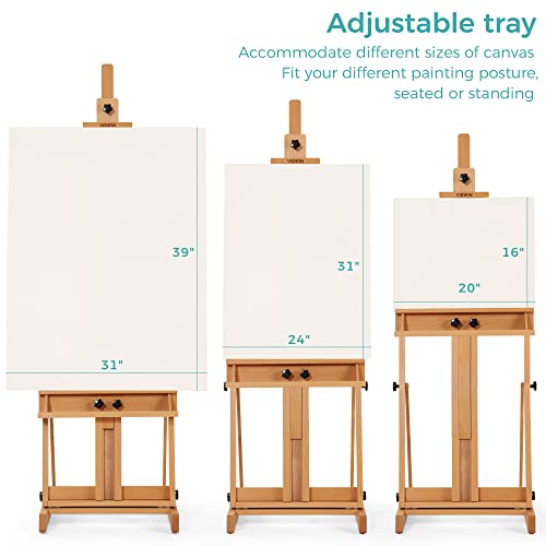 VISWIN Large H-Frame Easel for Painting 53"-91" H, Adjustable Solid Beech Wood Heavy Duty Easel Stand with Storage Tray, Hold Canvas up to 78", Art Easel for Adults, Artists - Natural - color: Natural