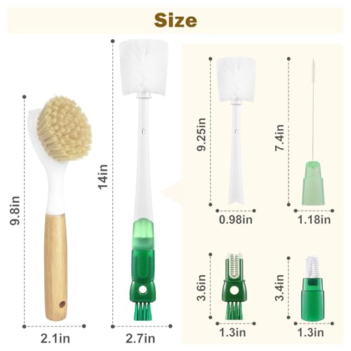 XYFuuee 5 Pack Dish Bottle Brush Set with 5-in-1 Cup Cleaning Brush, Dish Scrub Long Handle Brush with Scraper Tip, 3 Straw Cleaner Brushes for Stanley, Washing Kitchen Sink Pot Pan Water Bottle Stove - color: Green