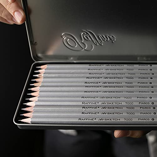 Graphite Pencils Kit Marco Raffine Sketch - Set of 12 Ebony Drawing Supplies 2H, H, F, HB, B, 2B, 3B, 4B, 5B, 6B, 7B, 8B In Tin Box. Perfect for Sketching, Shading. Suitable for School, Artists.