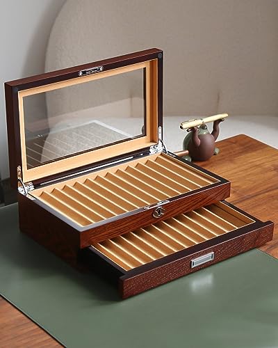 Pen Display With 24 Slots, Wood Storage Organizer, Glass Window Box for Men Gift (Brown Ash Veneer Finish, Camel Velvet) - color: brown 24 slots, camel velvet