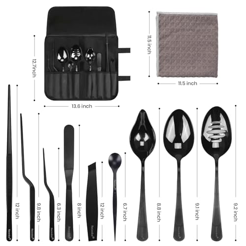 9-Piece Professional Culinary Plating Set, Black Stainless Steel Chef Plating Tools with Storage Roll & Cleaning Cloth for Food Presentation