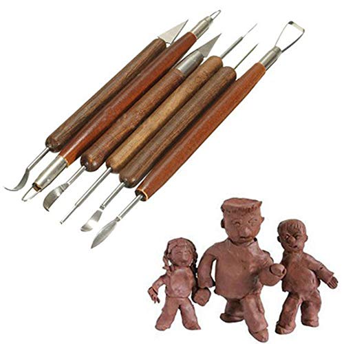 COMIART 6-Piece Dual-Ended Clay Sculpting Tools Set with Wooden Handle, for Polymer Clay, Ceramics, Pottery & Wax Modeling - 12 Shaping Heads Art Craft Kit for Beginners & Professionals