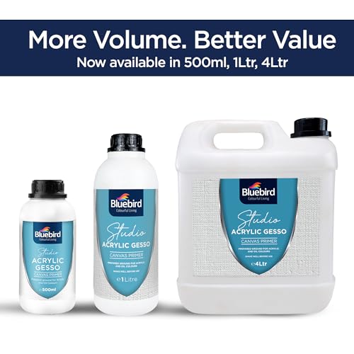 BLUEBIRD Studio Acrylic Gesso - Liquid Gesso Primer for Arylic Painting, Surface Prep Medium (White, 135.2 Fl Oz)