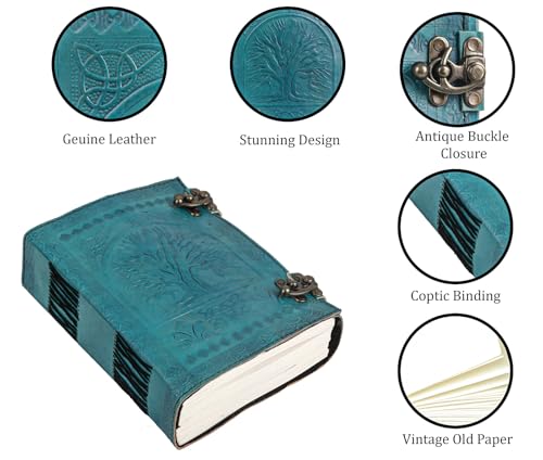 600 Pages Handmade Large Leather Journal Diary Embossed Tree of Life Book Of Shadows Notebook Writing Seven Chakra Grimoire Sketchbook 7 x 10 Leather Bound (Ocean Blue) - color: Ocean Blue
