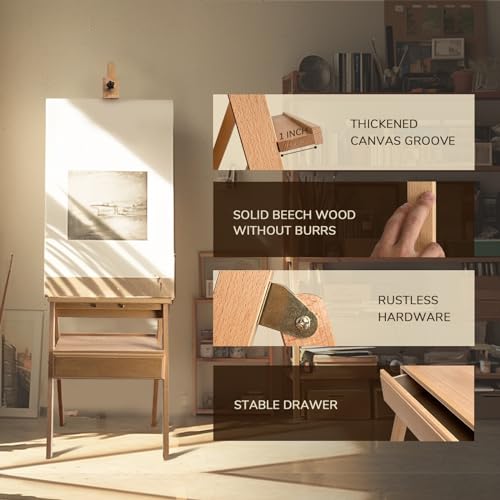 Large Solid Beech Wood Painting Easel with Storage Drawer and Palette (60"~75" H), H-Frame Foldable Wooden Easel Stand with Signature Box for Adults and Students, Holder up to 36'' - style: Easel Pro