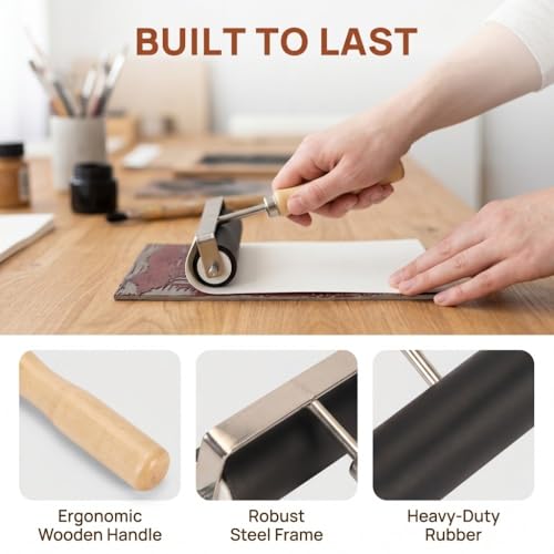 10cm Hard Rubber Printmaking Roller with Wooden Handle, Handheld Ink Rolling Tool Suitable for Woodblock Printing and Handmade Art Pigment Coating