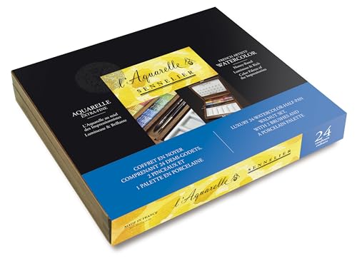 SENNELIER L'Aquarelle Wood Watercolor Half Pan Set, 24 Half Pans, Porcelain Palette, Brushes Size 2 and 3 (10-131614-00)