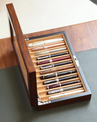Fountain Pen Display Case with 12 Pens, Wood Pen Display Box, Lockable Pen Storage Box with Glass Top, Pen Box Organizer, Pen Collection Display Case (Brown with Camel Velvet) - color: brown 12 slots, camel velvet
