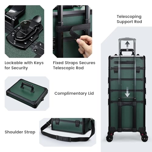 Rolling Makeup Case Makeup Train Case with Lid 5 in 1 Cosmetology Case on Wheels Cosmetic Trolley Organizer Large Makeup Organizers Case Profesional Cosmetic Case for Salon Barber Nail, Dark Green - color: Dark Green