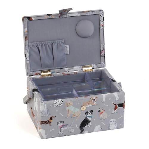 Hobby Gift Medium Sewing Box Organiser, Fabric Covered Storage Box with Handle, Internal Tray, Pin Cushion and Pocket for Sewing, Quilting and Knitting Supplies - color: Grey Dogs