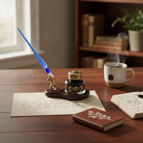 Nostalgic Impressions Glass Dip Pen and Ink Desk Set – Oval Wood Stand with Bronze Holder and Glass Inkwell – Hand-Blown Murano Style Calligraphy Pen with 40ml Black Ink -Blue Shimmer N3600BXSTMUBL