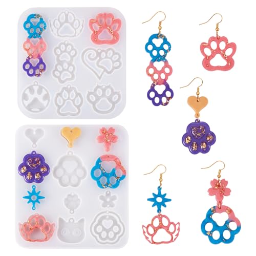 Elecrelive 2Pcs Cat Dog Paw Print Resin Jewelry Molds Earring Pendants Epoxy Mold Animal Footprints Jewelry Kit for DIY Craft Necklace Keychains Decoration