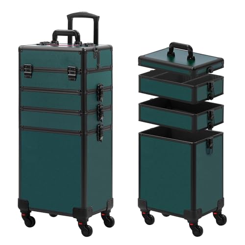 Somduy Makeup Train Case, Rolling Makeup Case with Lid, 5 in 1 Cosmetology Case on Wheels, Christmas Gift, Large Makeup Case Organizers, Profesional Cosmetic Case for Salon Barber, Black Green - color: Black Green