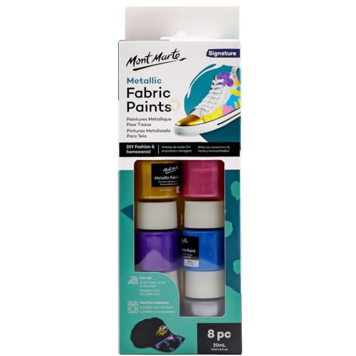 Mont Marte Permanent Fabric Paint Set 8 x 20ml Metallic Colours for Textile, Fabric, T-Shirt, Canvas, Wood, Ceramic, Glass - color: Metallic