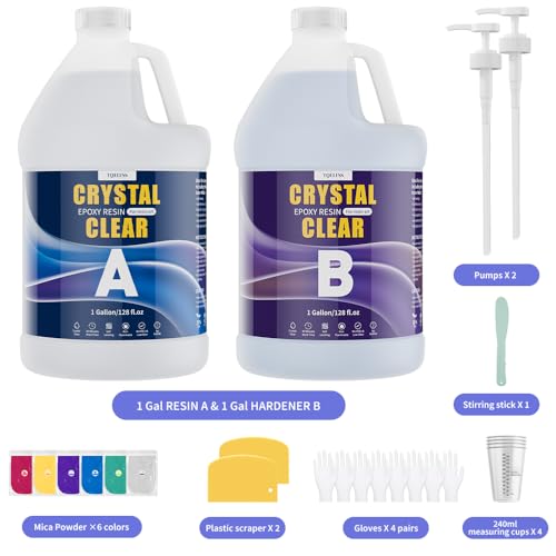 Epoxy Resin 2 Gallon, Crystal Clear Epoxy Resin Kit with Pumps, Self Leveling, Low Odor, High Gloss, No Yellowing Molding & Casting for Mold, Countertop, Table Top, DIY Art Crafts (1gal×2) - size: 2 gallon
