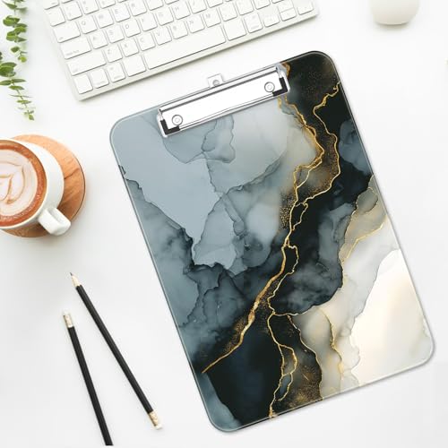 Plastic Cute Clipboard Low-Profile Metal Clip, A4 Letter Size 9 x 12.5 in, 8.5 x 11 Paper Clip Board for Teachers, Nurses, Classroom,Ink Painted Marble - color: Ink Painted Marble