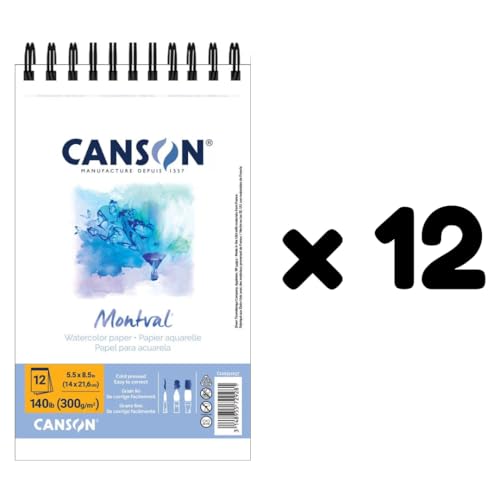 Canson Montval Watercolor Paper, 5.5" x 8.5", White, 12 Sheets/Pad, 12 Pads | Artist Series, Cold Press, 140 lb. (300gsm), Top Wire Bound, Class Pack, 144 Sheets Total - size: 5.5" x 8.5" (12-Pack), style: 5.5" x 8.5" Top Wire