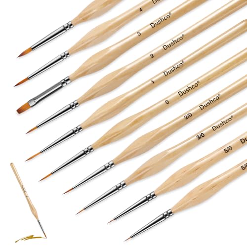 10 pcs Miniature Detail Paint Brushes Set - Precision Round & Filbert Brushes for Miniature, Model Painting, Watercolor & Figurines - Fine Tip Artist Brush Kit with Ergonomic Handle (Wood)