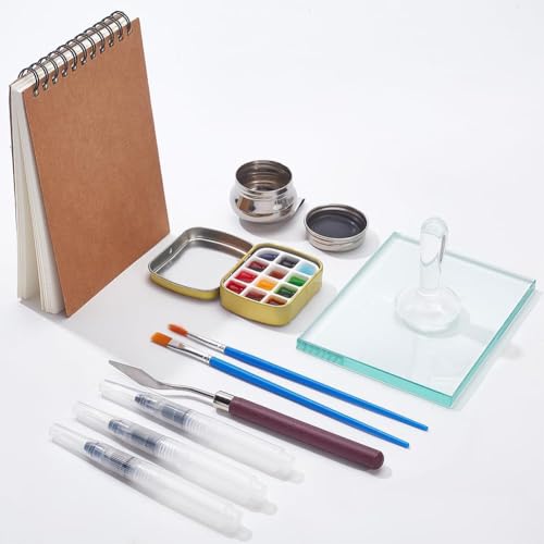 NBEADS 13 Pcs Watercolor Paint Making Tools, with Sketch Notebook Watercolor Paint Muller Glass Muller Slab Painting Brushes Palette Tin Cases for DIY Painting