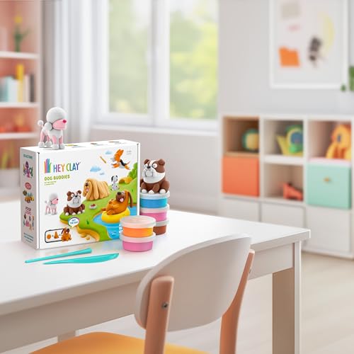 Hey Clay 15 Cans Set - Colourful Modelling Kids Air-Dry Clay 15 Cans with Sculpting Tools and Fun Interactive Instructions for Children Age 3+ (Dog Buddies) - style: Dog Buddies