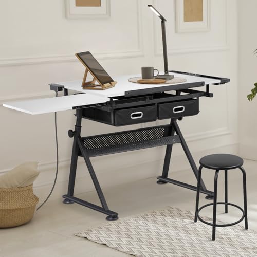 ZENY Adjustable Drafting Table with Stool, Tilting Drawing Desk Artist Table with Storage Drawers, Art Craft Workstation for Home Office Reading, Writing, Crafting (White-with Outlet) - color: White-with Outlet