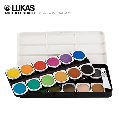 Lukas Opaque Artist Watercolor Studio Paint Set - Professional, Includes a Travel Friendly Outdoor Painting Case and Color Mixing Palette - 24 Brilliant Colors in Round Pans