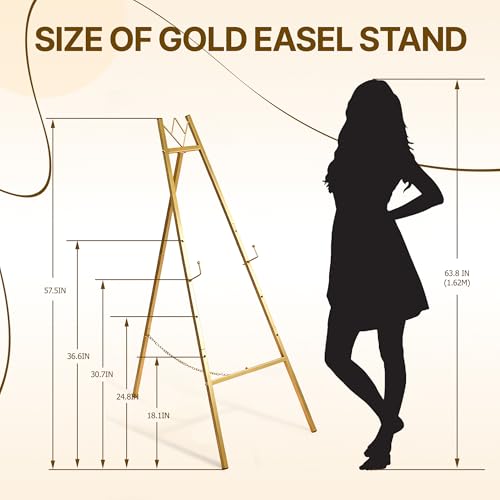 57.5" Gold Easel Stand for Sign, Wedding Sign Stand for Display, Assembly Required, 4 Adjustable Height Levels Heavy Duty Metal Display Stand Floor Standing Easels for Art, Paintings, Pictures