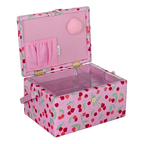 Hobby Gift Medium Sewing Box Organiser, Fabric Covered Storage Box with Handle, Internal Tray, Pin Cushion and Pocket for Sewing, Quilting and Knitting Supplies - color: Cherries