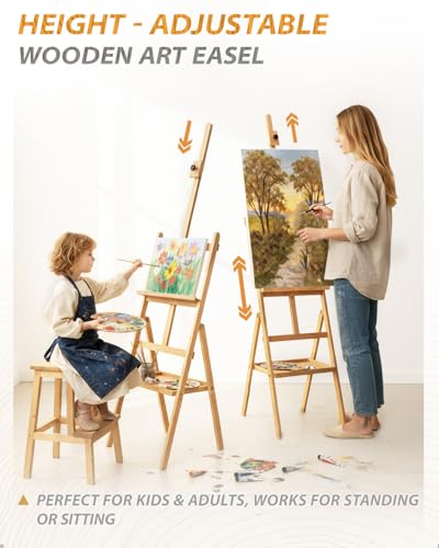 Adjustable Wooden Art Easel Stand for Painting, Solid Beech Wood Easel Stand with Storage Tray,Floor Standing Paint Art Easel,Large Easel Painting for Students Studio - style: Easel