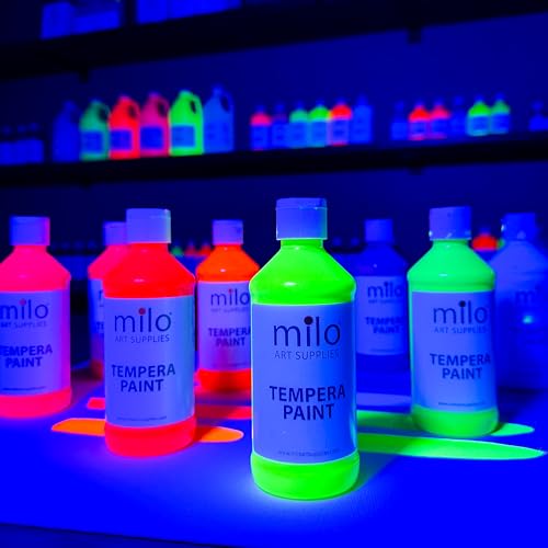 milo Fluorescent Neon Washable Paint | 8 oz Bottles 8 Colors | Made in the USA | Glows UV in Black Light | Safe & Non-Toxic Tempera Paint for Art & Craft, Poster, Window, Classroom, School - style: Fluorescent Tempera 8 x 8 oz Bottles