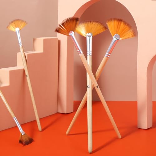 Prasacco 5 Pieces Fan Brush for Painting, Oil Acrylic Paint Brushes Artist Fan Brushes Nylon Hair Long Wood Handle Painting Brush for Acrylic Watercolor Oil Gouche Painting (2/4/6/8/10#) - color: Light Brown