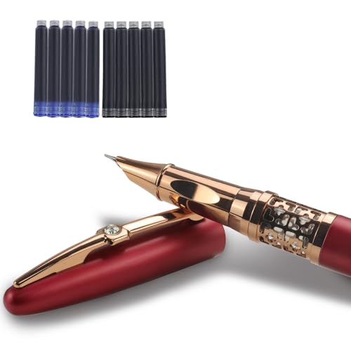 YUNCHUN Refillable Fountain Pen Fine Nib, Fancy Ink Pen with 10 Black & 10 Blue Ink Refills Cartridges, Cool Ink Pens for Writing, Business Metal, Best Gift Set for Men & Women, Red - color: Red, style: Fine Point