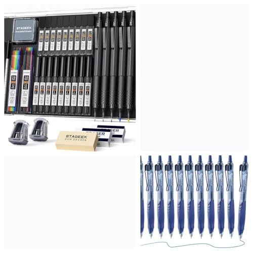 STAGEEK 35PCS Black Art Mechanical Pencil Set in Case,0.5 0.7 0.9 2.0 Graphite Metal Drawing Drafting Pencils 12 Pack Blue Gel Pens, Quick Dry Blue Ink Pen, 0.5mm Fine Point Retractable Smooth
