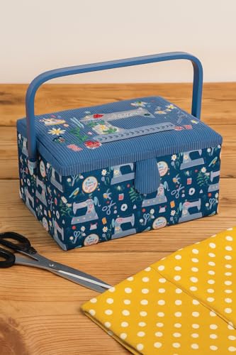 Hobby Gift Medium Sewing Box Organiser, Fabric Covered Storage Box with Handle, Internal Tray, Pin Cushion and Pocket for Sewing, Quilting and Knitting Supplies - color: Sewing Machines